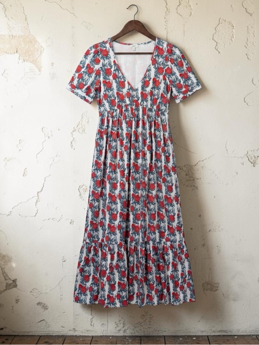 J. Crew White Midi Dress with Red Floral Print